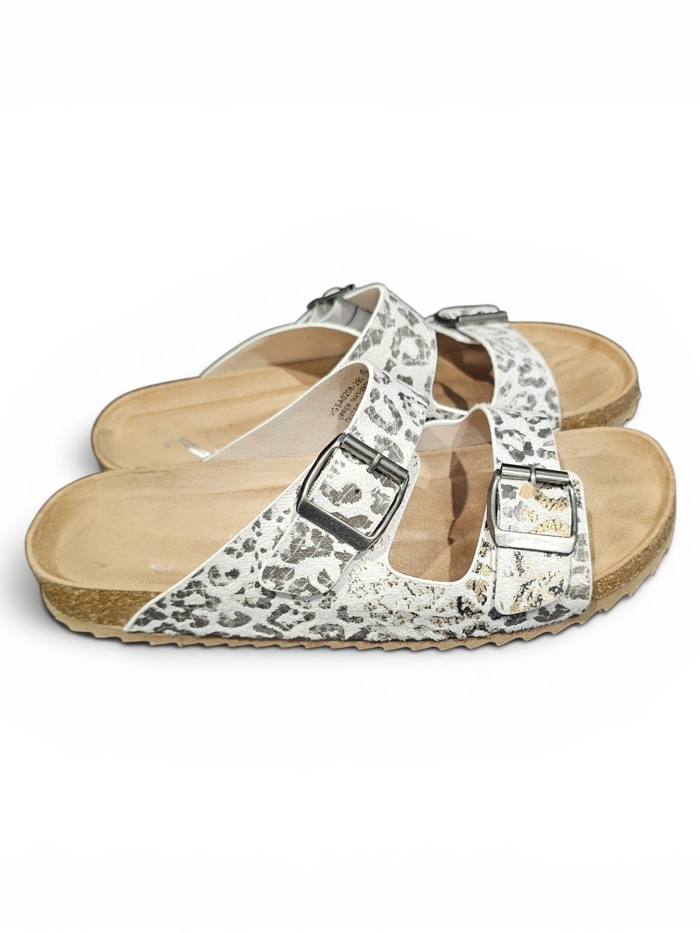 Women's Double-Buckle Leopard Print Cork Footbed Sandals - White/Gray